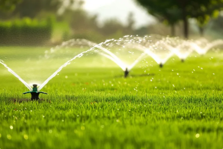 Garden sprinklers watering a green lawn in warm sunlight