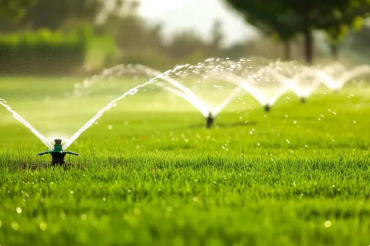 Garden sprinklers watering a green lawn in warm sunlight